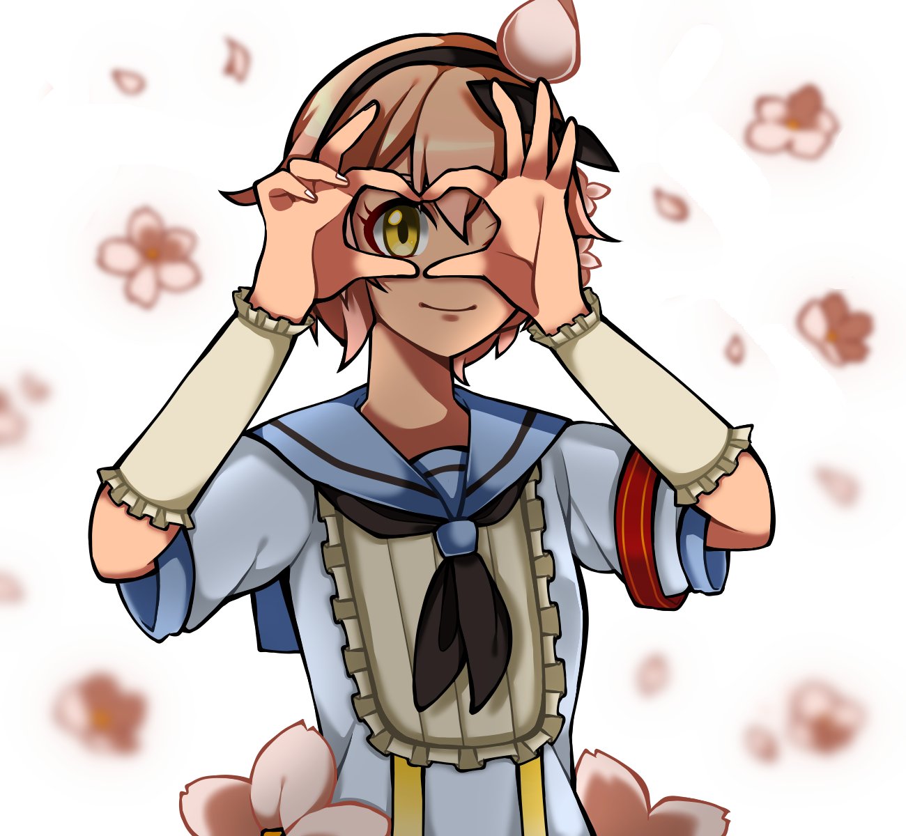 1girl 1jumangoku black_hairband black_necktie black_ribbon blue_sailor_collar blue_shirt center_frills cherry_blossoms closed_mouth collared_shirt commentary_request dress_flower eyelashes falling_flower falling_petals floral_background flower frilled_arm_wamers frills hair_flower hair_ornament hair_ribbon hairband heart heart_hands heart_hands_over_eye highres looking_at_viewer magical_girl mahou_shoujo_ikusei_keikaku mahou_shoujo_ikusei_keikaku_unmarked necktie one_eye_closed petals pink_flower pink_hair ribbon sailor_collar shirt short_hair short_sleeves smile snow_white_(mahoiku) upper_body white_arm_warmers white_background yellow_eyes
