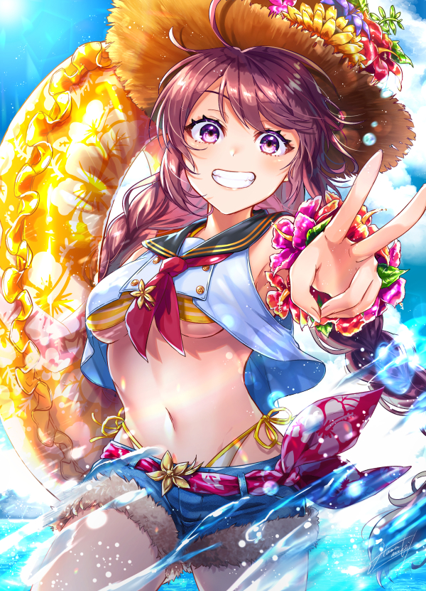 1girl :d ahoge armpits bad_id bad_pixiv_id bare_shoulders bikini black_sailor_collar bracelet braid breasts brown_hair brown_hat cowboy_shot crop_top crop_top_overhang day denim denim_shorts female_focus floral_print flower flower_bracelet fur_trim grin hat highleg highleg_bikini innertube jewelry kamuinii lens_flare long_hair looking_at_viewer low_twintails medium_breasts navel neckerchief open_mouth original outdoors outstretched_arm purple_eyes purple_flower red_flower red_neckerchief sailor_collar sailor_shirt shirt short_shorts shorts side-tie_bikini_bottom signature sleeveless sleeveless_shirt smile solo straw_hat striped_bikini striped_clothes sunflower sunlight swim_ring swimsuit teeth twin_braids twintails v very_long_hair water white_shirt yellow_bikini yellow_flower