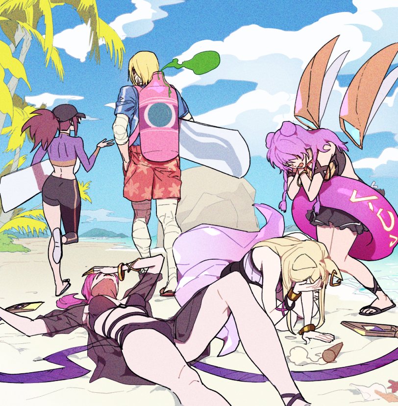 1boy 4girls ahri_(league_of_legends) akali animal_ears asymmetrical_legwear bandages bare_shoulders beach bikini bikini_skirt black_bikini black_cape blonde_hair blue_shirt blue_sky bracelet braid cape cloud cloudy_sky covered_eyes crystal_tail earrings evelynn_(league_of_legends) food fox_ears fox_girl fox_tail gas_can hair_bun hand_on_own_face hat holding holding_surfboard ice_cream idol innertube jewelry k/da_(league_of_legends) k/da_ahri k/da_akali k/da_evelynn k/da_kai&#039;sa kai&#039;sa league_of_legends long_hair looking_at_another lying multiple_girls multiple_tails on_back on_ground palm_tree pink_hair pink_innertube ponytail purple_hair red_shorts shirt short_hair shorts sick singed sky surfboard surfer_singed swim_ring swimsuit tail talking tree twin_braids uneven_legwear what zaket07