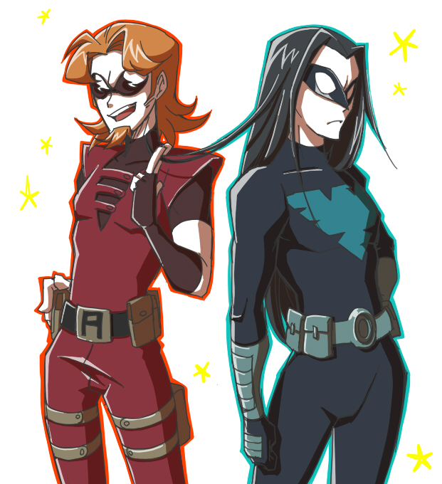 2boys arsenal_(dc) belt black_hair bodysuit dc_comics dick_grayson domino_mask facial_hair fingerless_gloves gloves goatee hand_on_own_hip ladama long_hair male_focus mask multiple_boys nightwing orange_hair roy_harper smile sunglasses thigh_strap