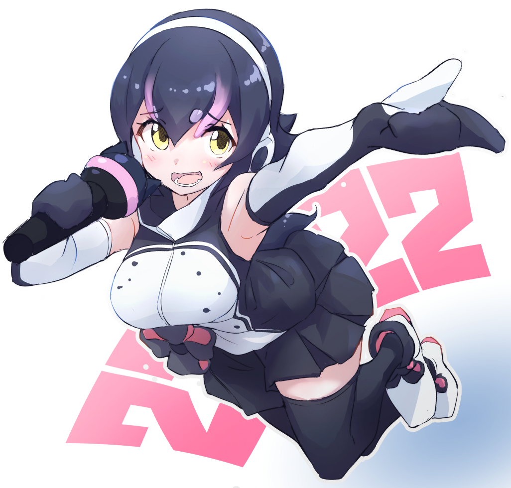 1girl bare_shoulders black_gloves black_hair black_shirt black_shoes black_skirt black_thighhighs blush elbow_gloves gloves hair_between_eyes headphones high_collar humboldt_penguin_(kemono_friends) kemono_friends kemono_friends_v_project lowlandgorilla microphone multicolored_hair multicolored_shoes official_alternate_costume open_mouth pink_hair pink_shoes pleated_skirt shirt shoes sidelocks skirt sleeveless solo thighhighs two-tone_gloves two-tone_shirt virtual_youtuber white_gloves white_shirt white_shoes yellow_eyes zettai_ryouiki