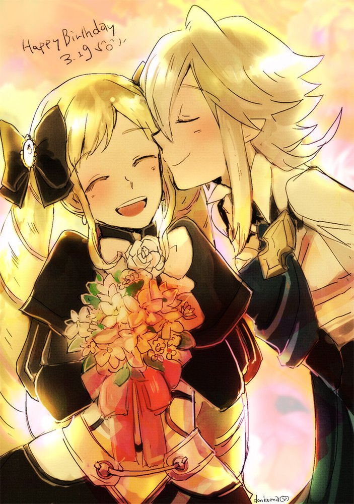 1boy 1girl blonde_hair bouquet male_corrin_(fire_emblem) couple donkuma_kakusei elise_(fire_emblem) facing_viewer fire_emblem fire_emblem_fates flower holding holding_bouquet nintendo open_mouth sidelocks teeth upper_body upper_teeth_only
