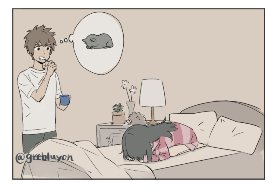 1boy 1girl bed cat cup kimi_no_na_wa. miyamizu_mitsuha sleeping su_(grebluyon) tachibana_taki toothbrush