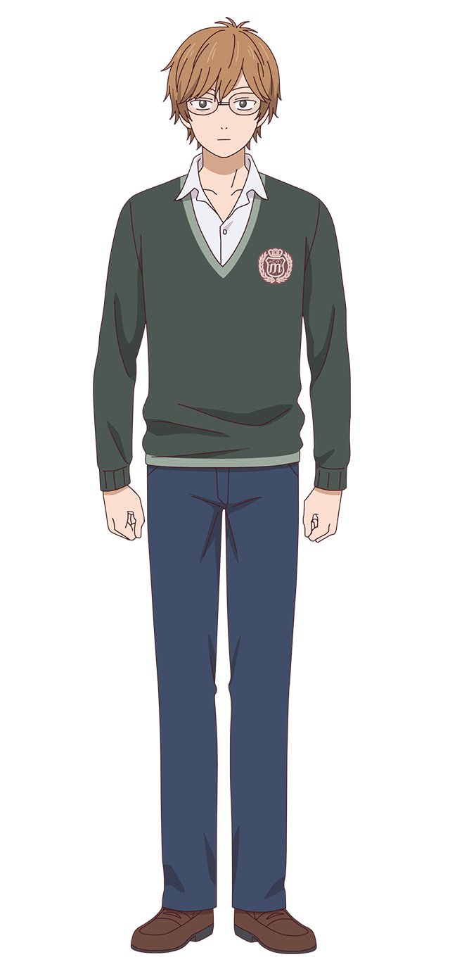 1boy arms_at_sides blue_pants brown_hair brown_shoes clenched_hands closed_mouth collarbone collared_shirt dress_shirt expressionless full_body glasses green_eyes green_sweater highres kobayakawa_shou kuroiwa_medaka_ni_watashi_no_kawaii_ga_tsuujinai legs_apart loafers long_sleeves looking_at_viewer official_art open_collar pants rimless_eyewear school_emblem school_uniform shirt shoes short_hair solo standing sweater swept_bangs tachi-e transparent_background v-neck very_short_hair white_shirt