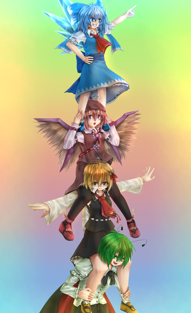 animal_ears antennae bad_id bad_pixiv_id blonde_hair blue_eyes blue_hair bow cape cirno gattai green_eyes green_hair hair_bow hair_ribbon hat human_tower korichiru mystia_lorelei pink_hair red_eyes ribbon rumia short_hair stacking team_9_(touhou) thighhighs touhou wings wriggle_nightbug