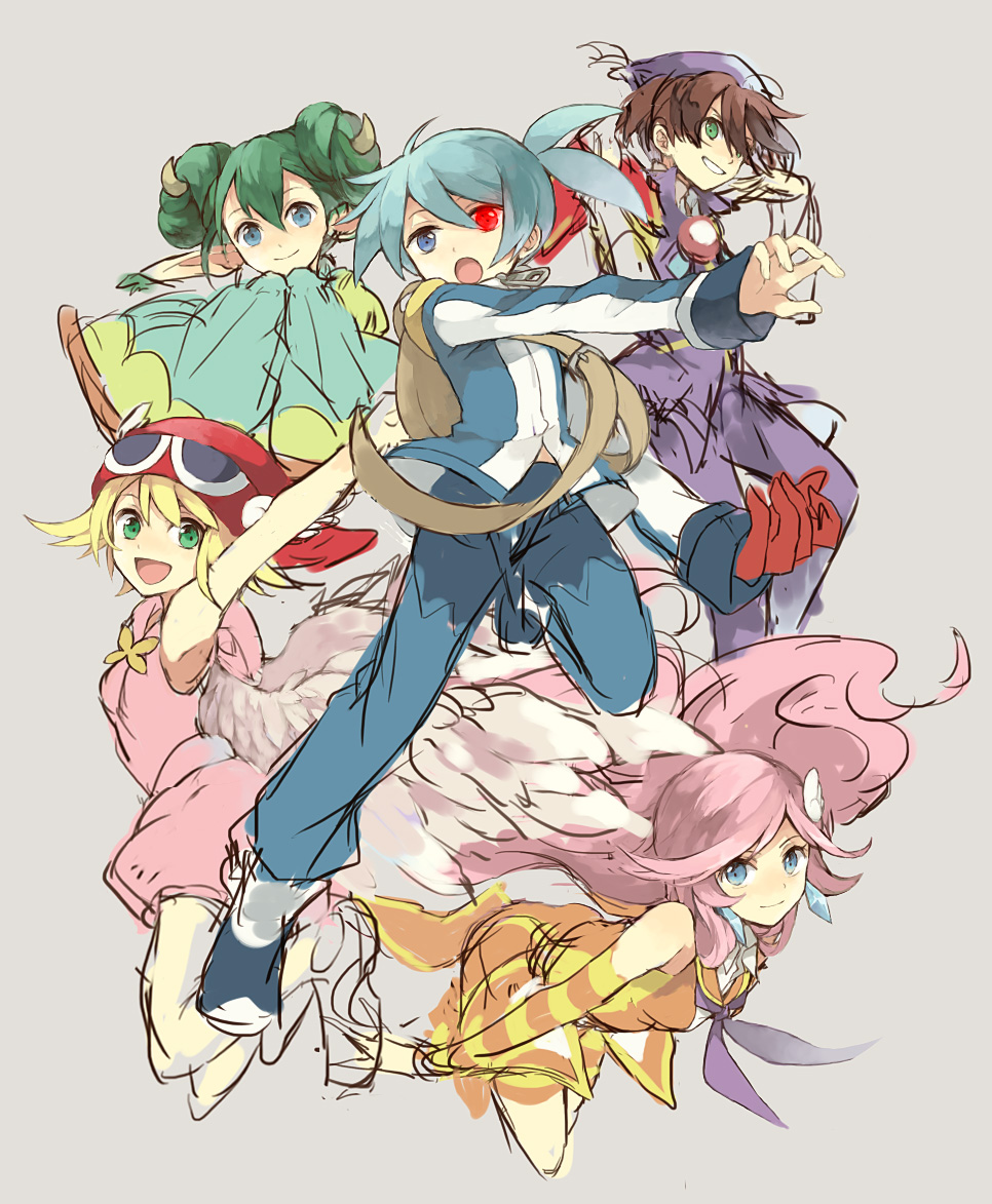 2boys 3girls amitie_(puyopuyo) backpack bag blue_eyes blue_hair brown_bag brown_hair green_eyes grey_background hair_between_eyes hana_(mew) hat heterochromia klug_(puyopuyo) lidelle_(puyopuyo) long_hair multiple_boys multiple_girls open_mouth pants pink_hair pink_shirt purple_hat purple_pants purple_vest puyopuyo puyopuyo_fever puyopuyo_fever_2 raffina_(puyopuyo) red_eyes red_hat shirt sig_(puyopuyo) smile striped_sleeves unfinished very_long_hair vest