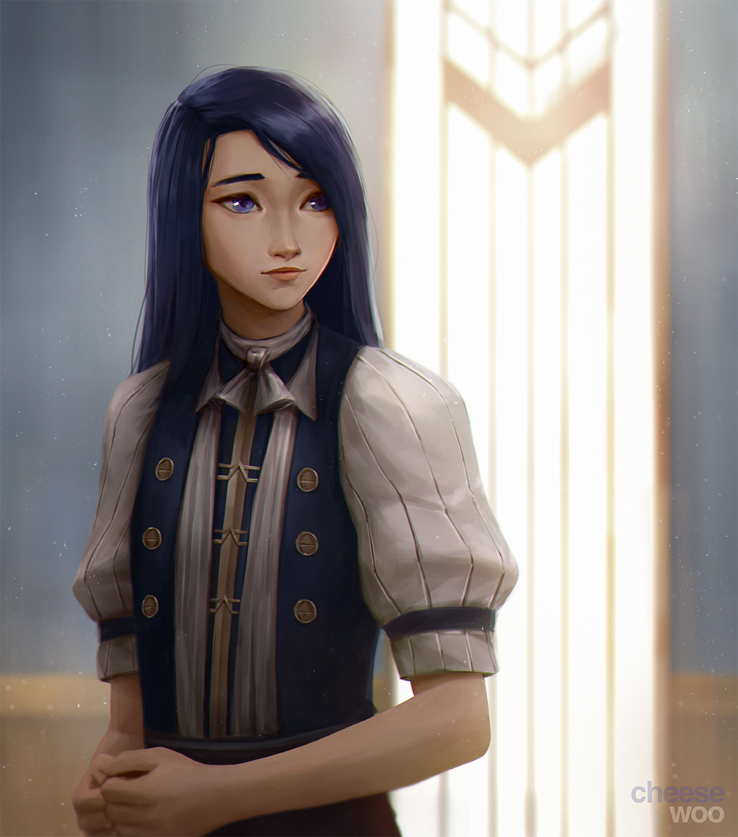1girl aged_down arcane:_league_of_legends arcane_caitlyn artist_name blue_eyes blue_hair blue_shirt caitlyn_(league_of_legends) cheesewoo closed_mouth commentary english_commentary highres league_of_legends long_hair looking_to_the_side own_hands_together shirt short_sleeves solo straight_hair swept_bangs two-tone_shirt upper_body white_shirt