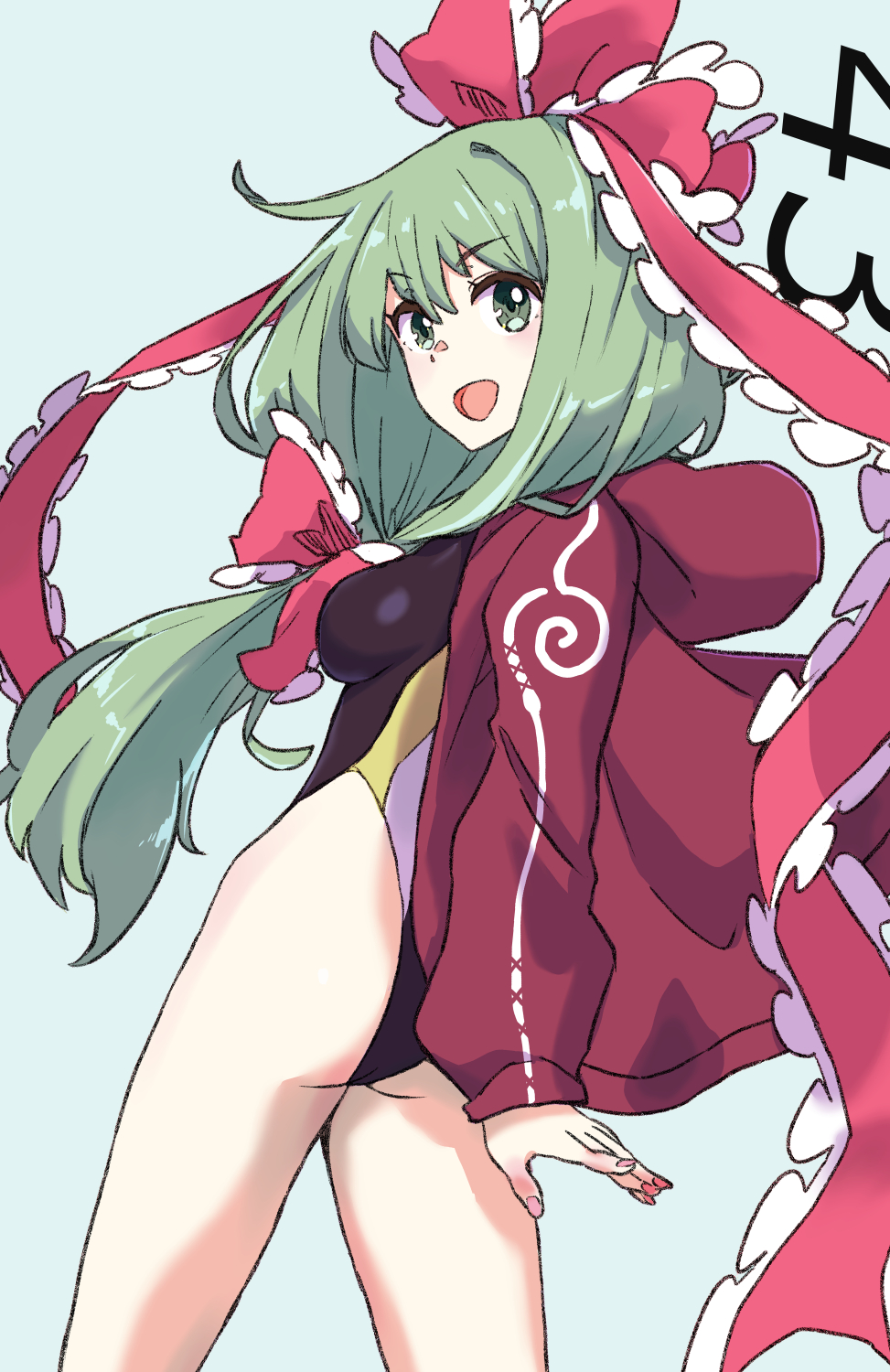 1girl bow breasts front_ponytail green_eyes green_hair highres jack_(wkm74959) kagiyama_hina looking_at_viewer one-hour_drawing_challenge one-piece_swimsuit red_bow red_ribbon ribbon smile solo swimsuit touhou