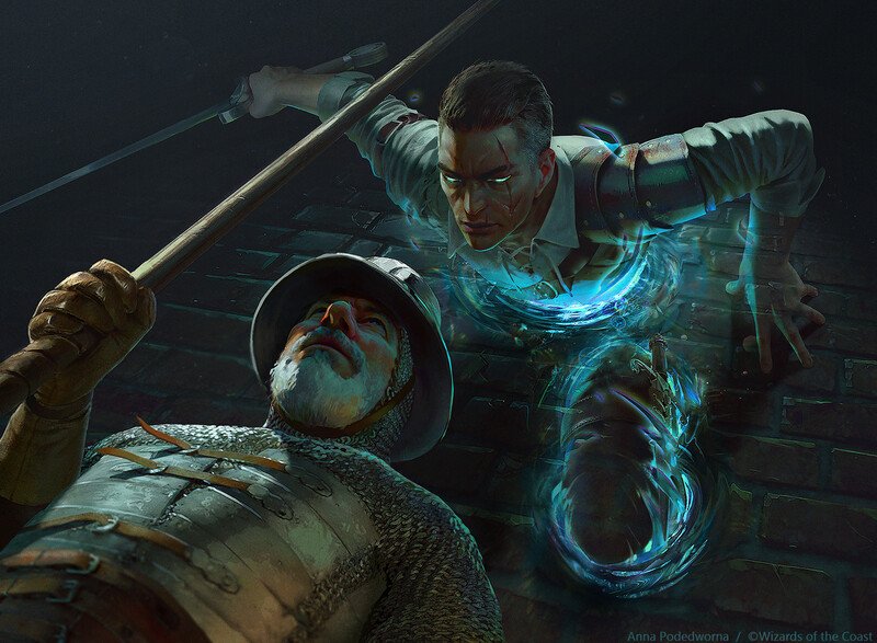 2boys akreon armor artist_name black_hair brick_wall chainmail fantasy green_eyes helmet holding holding_polearm holding_sword holding_weapon kettle_helm looking_at_another magic magic:_the_gathering multiple_boys official_art polearm scar scar_across_eye scar_on_face short_hair sword weapon