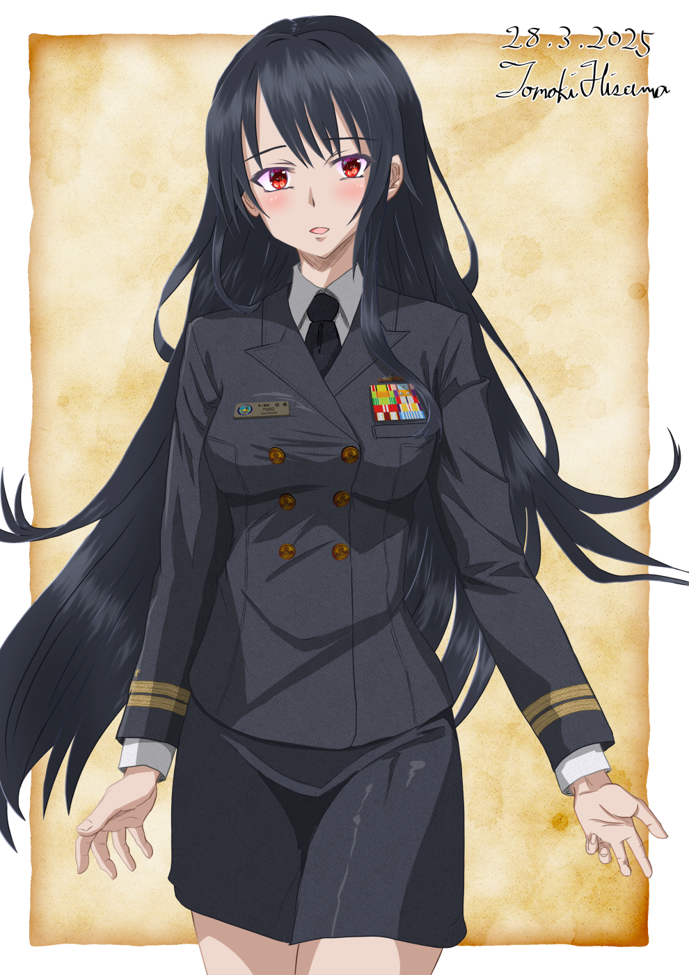 1girl alternate_costume artist_name black_hair black_jacket black_necktie black_skirt buttons collared_shirt dated double-breasted fusou_(kancolle) highres hisamatomoki jacket kantai_collection long_hair long_sleeves military_dress_uniform military_rank_insignia military_uniform miniskirt naval_dress_uniform naval_uniform necktie one-hour_drawing_challenge red_eyes ribbon_bar shirt skirt solo white_shirt