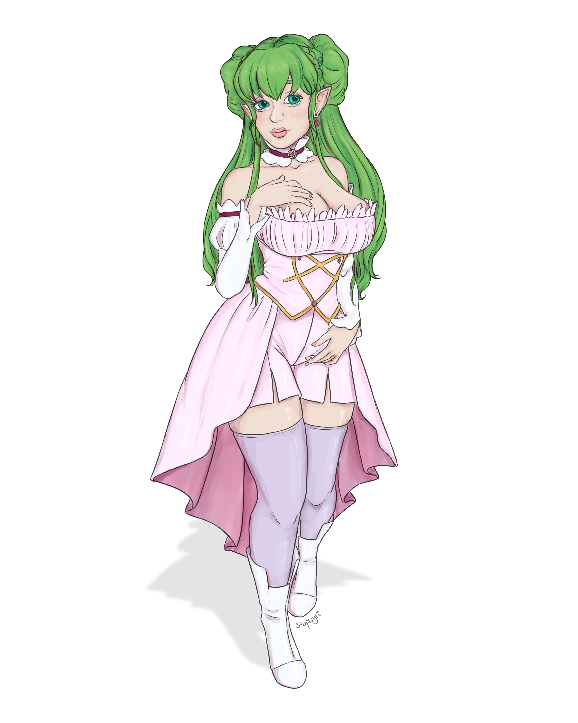 1girl absurdres bare_shoulders boots breasts choker cleavage code_geass commission commissioner_upload corset cosplay detached_collar detached_sleeves double_bun dress earrings elf euphemia_li_britannia euphemia_li_britannia_(cosplay) euphemy_sylvaine green_eyes green_hair hair_bun high_heels highres jewelry large_breasts lips long_hair looking_at_viewer official_art pink_dress pointy_ears shoes soapwyrt solo standing strapless strapless_dress thighhighs thighhighs_under_boots ways_of_darkness_(series)