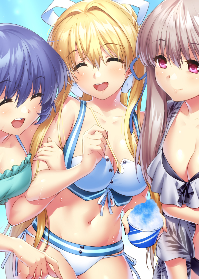 3girls air_(visual_novel) bikini blonde_hair blue_hair closed_eyes commentary_request cowboy_shot drinking_straw food frilled_bikini frills green_bikini grey_hair holding holding_drinking_straw kamio_misuzu kirishima_kano long_hair multiple_girls open_mouth red_eyes shaved_ice short_hair smile swimsuit teeth toono_minagi upper_teeth_only white_bikini zen