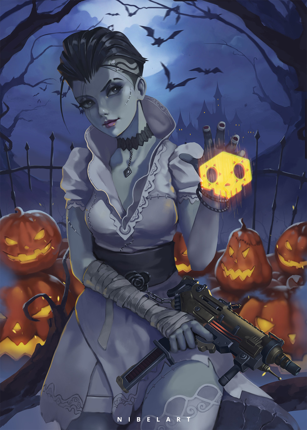 1girl alternate_costume artist_name bandages bat_(animal) black_choker black_eyes black_hair black_nails branch breasts bride_of_frankenstein bride_sombra castle choker cloud commentary cowboy_shot dress english_commentary female_focus finger_on_trigger fingernails full_moon gun halloween halloween_costume highres holding holding_weapon jack-o&#039;-lantern light_smile lips looking_at_viewer machine_pistol moon multicolored_hair nail_polish nibelart night nose outdoors overwatch overwatch_1 puffy_short_sleeves puffy_sleeves pumpkin short_hair short_sleeves silver_hair small_breasts solo sombra_(overwatch) streaked_hair submachine_gun thighhighs undead undercut uzi weapon wedding_dress white_thighhighs