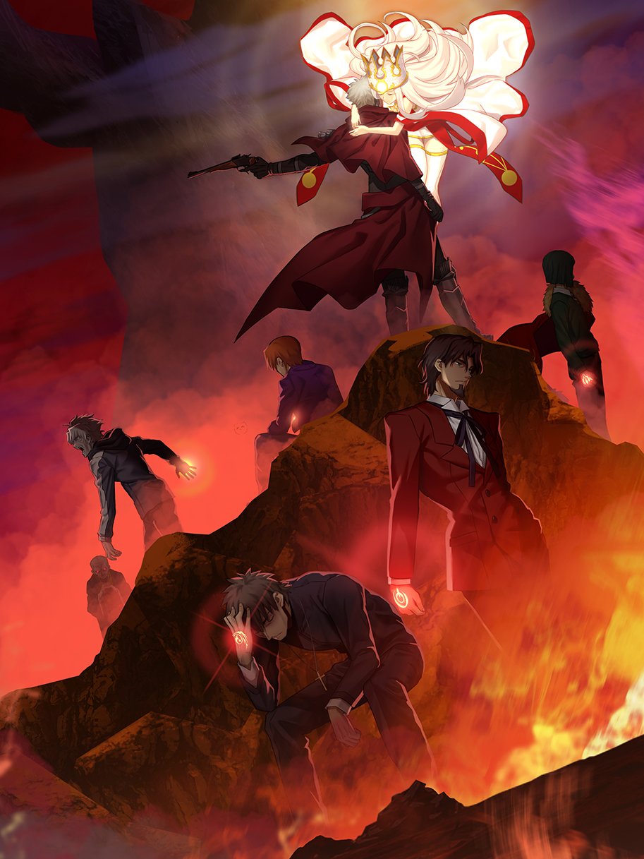 1girl 6+boys aiming aora arm_at_side arm_on_knee back bald beard black_hair brown_hair cape closed_eyes closed_mouth command_spell cross cross_necklace crown dark-skinned_male dark_skin dress dress_of_heaven dual_persona dust_cloud embers emiya_kiritsugu emiya_kiritsugu_(assassin) facial_hair fate/grand_order fate/zero fate_(series) fire floating floating_hair formal_clothes from_behind glowing gradient_background gun hair_between_eyes hair_floating_upwards hand_in_own_hair hand_on_own_forehead hand_on_own_head handgun hat highres hill holding holding_gun holding_weapon hood hood_down hood_up hug irisviel_von_einzbern irisviel_von_einzbern_(caster) jacket jewelry kotomine_kirei kotomine_kirei_(fate/zero) long_hair long_sleeves matou_kariya matou_zouken mature_male multiple_boys necklace necktie on_rock open_mouth orange_hair outstretched_arm pants parody priest purple_shirt red_cape red_jacket red_suit ribbon rock shirt short_hair shouting sitting skirt standing style_parody suit takeuchi_takashi_(style) thompson/center_contender tohsaka_tokiomi uryuu_ryuunosuke waist_cape waver_velvet waver_velvet_(zhuge_liang) weapon white_hair