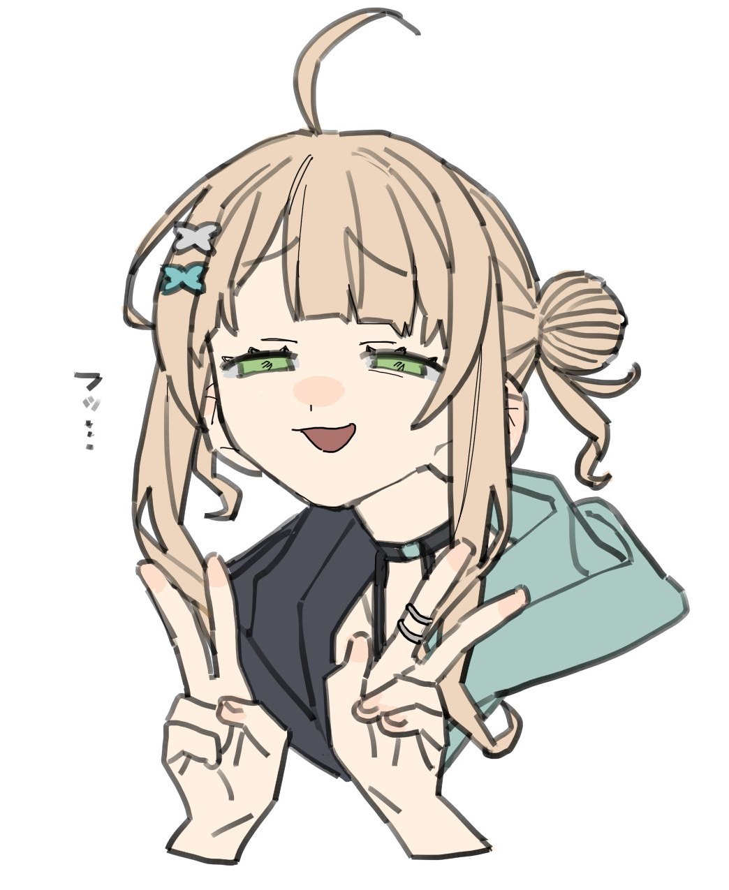 1girl ahoge bad_id bad_pixiv_id black_choker blonde_hair choker dayama double_v green_eyes hair_bun half-closed_eyes highres hood jewelry kaburaki_roco nijisanji open_mouth ring simple_background smile solo upper_body v virtual_youtuber white_background