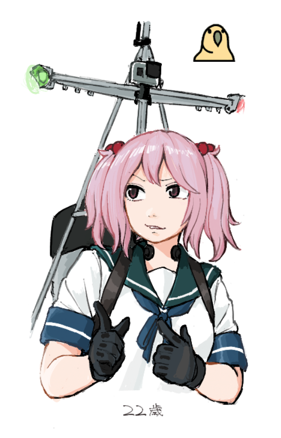 1girl action_camera blue_sailor_collar breasts finger_gun hair_bobbles hair_ornament kantai_collection mast meme pink_hair rigging sailor_collar sazanami_(kancolle) school_uniform serafuku solo throat_microphone tsukigime twintails upper_body video_camera