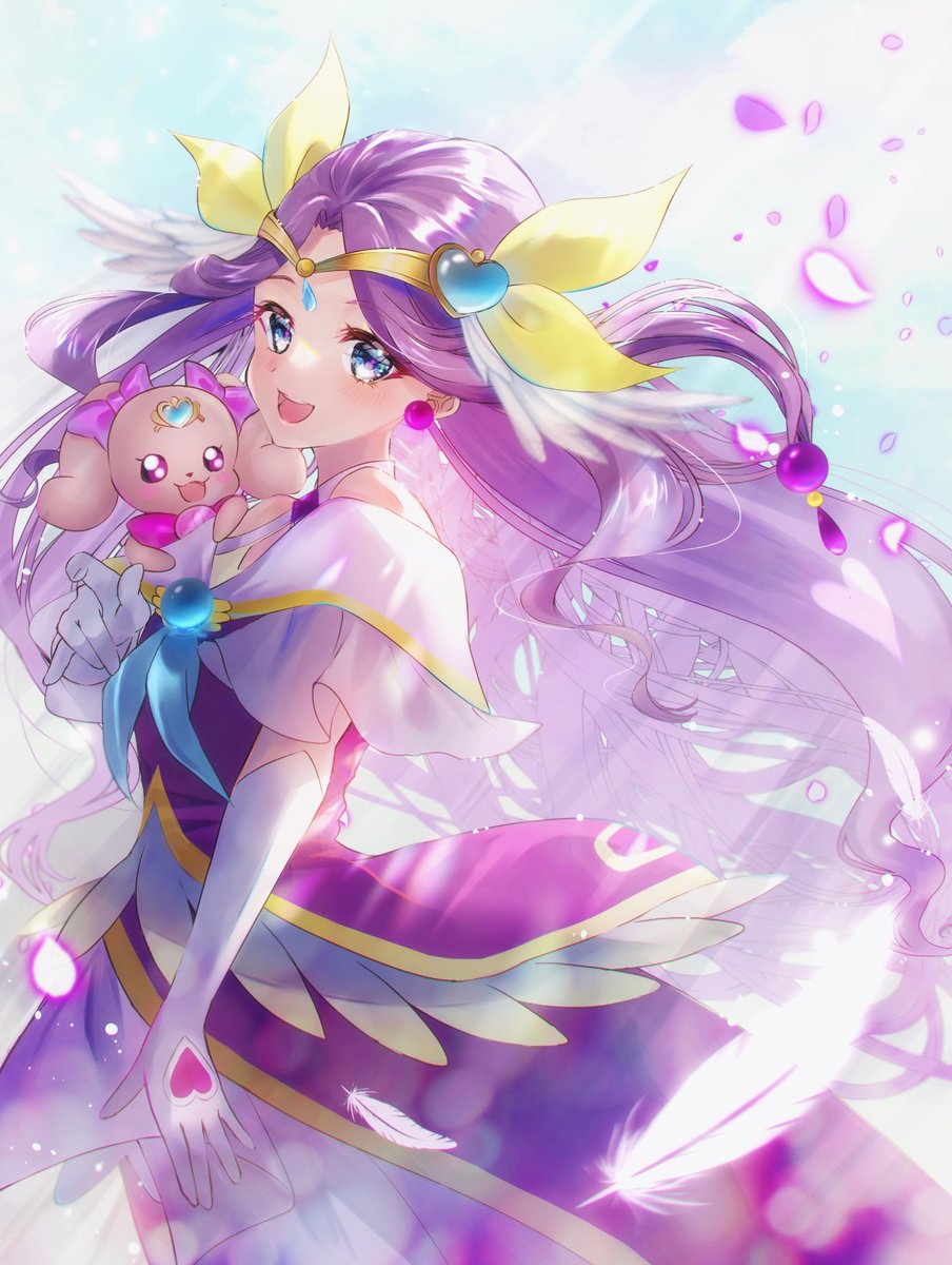 1girl :d bare_shoulders blue_eyes commentary_request cure_earth dress earrings elbow_gloves eyelashes fuurin_asumi gloves hair_ornament happy healin&#039;_good_precure highres jewelry latte_(precure) long_hair looking_at_viewer magical_girl minccino7 open_mouth precure purple_dress purple_hair simple_background smile solo standing