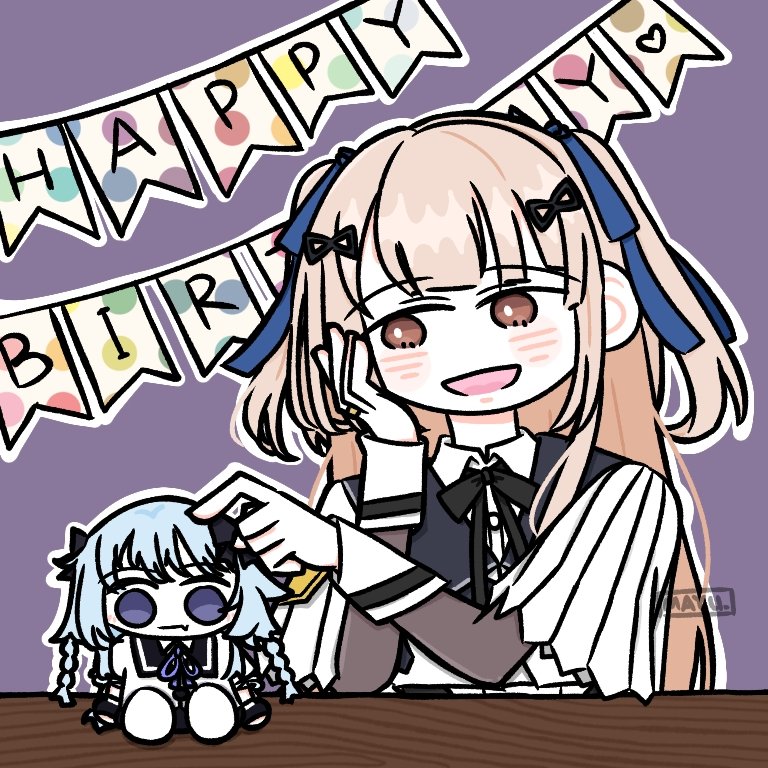 1girl :d artist_name assault_lily black_ribbon blue_ribbon blush brown_eyes brown_hair capelet character_doll collared_shirt commentary elbow_on_table hair_ornament hair_ribbon hairclip hand_on_own_cheek hand_on_own_face hands_up happy_birthday heart long_hair long_sleeves looking_at_object looking_to_the_side mayu_(yu_e1602) mori_tatsuki neck_ribbon open_mouth pennant purple_background ribbon school_uniform shirt sideways_glance simple_background smile solo string_of_flags stuffed_toy table tada_shiera two_side_up upper_body white_capelet white_shirt yurigaoka_girls_academy_school_uniform