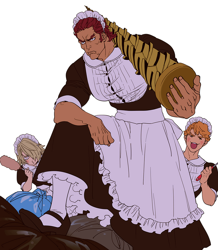 &gt;3&lt; &gt;_&lt; 3boys antonio_lopez apron arm_on_knee back_bow black_footwear blonde_hair bow brown_hair buttoned_cuffs buttons closed_eyes collared_dress commentary crossdressing dark-skinned_male dark_skin dress duster frilled_dress frilled_sleeves frills hair_over_eyes hair_slicked_back holding holding_duster ivan_karelin juliet_sleeves keith_goodman knee_up long_sleeves maid maid_apron maid_headdress male_focus mamemo_(daifuku_mame) mary_janes multiple_boys muscular muscular_male one_eye_covered open_mouth puffy_sleeves shoes simple_background sleeve_cuffs socks teeth tiger_&amp;_bunny trash_bag upper_teeth_only white_background white_bow white_socks