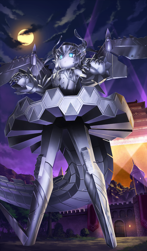 1girl blue_eyes castle cloud commentary csejte_pyramid_himeji_castle dragon_girl dragon_horns dragon_tail elizabeth_bathory_(fate) expressionless fate/grand_order fate_(series) from_below full_moon giant giantess glowing glowing_eyes himeji_castle horns lasengle mecha mecha_eli-chan_mk.ii_(fate) mecha_focus moon night night_sky official_art outdoors purple_background robot_girl scenery searchlight sky solo tail third-party_source