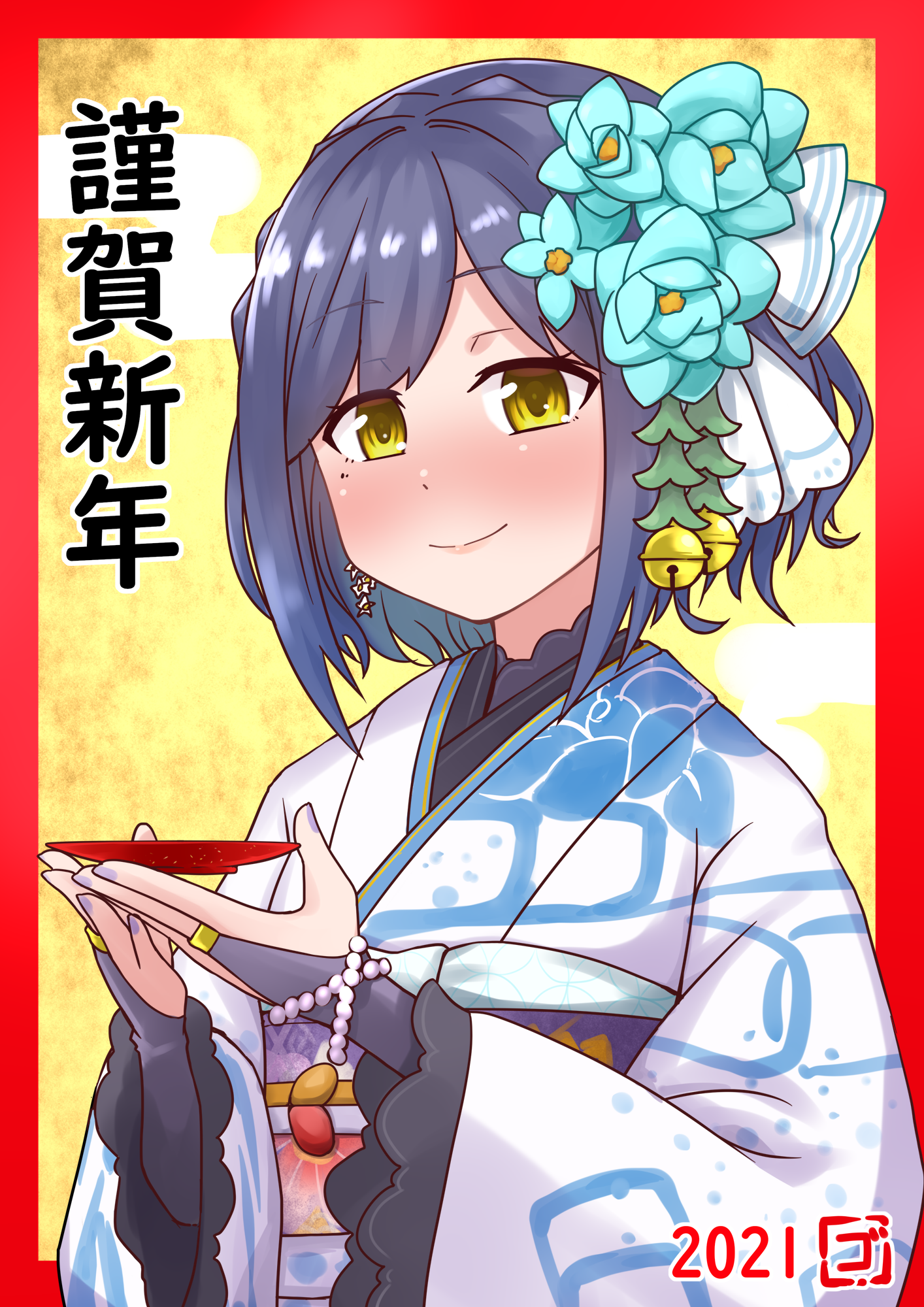 1girl 2022 artist_logo bell black_gloves blue_hair blush bob_cut border bracelet bridal_gauntlets closed_mouth commentary cup dice earrings egasumi flower gloves goriate hair_flower hair_ornament happy_new_year highres holding holding_dice japanese_clothes jewelry jingle_bell kimono logo long_sleeves looking_at_viewer mole mole_under_eye new_year nijisanji obi print_kimono red_border sakazuki sash shizuka_rin shizuka_rin_(9th_costume) short_hair smile solo translated upper_body virtual_youtuber white_kimono yellow_eyes