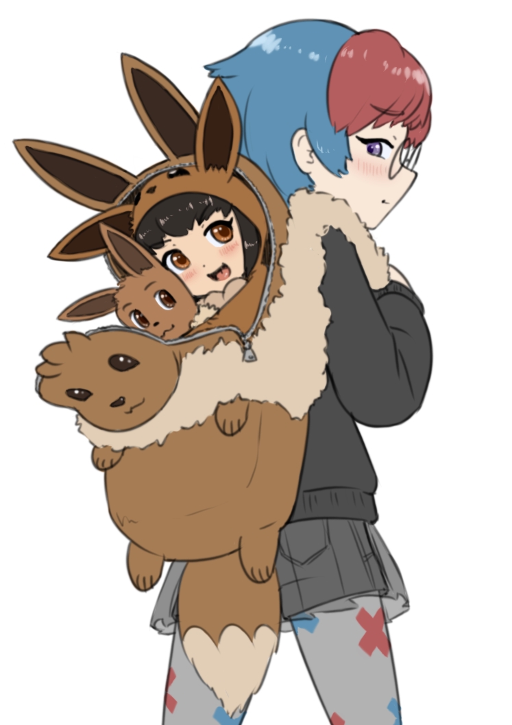 2girls :d alloyrabbit backpack bag black_hair black_hoodie blue_hair blush brown_bag brown_eyes closed_mouth commentary cosplay eevee eevee_(cosplay) gen_1_pokemon glasses grey_eyes hood hoodie in_bag in_container multicolored_hair multiple_girls nintendo open_mouth pantyhose penny_(pokemon) poke_kid_(pokemon) pokemon pokemon_(creature) pokemon_sv pokemon_swsh print_pantyhose red_hair round_eyewear see-through_clothes see-through_skirt short_hair shorts shorts_under_skirt skirt smile tongue two-tone_hair