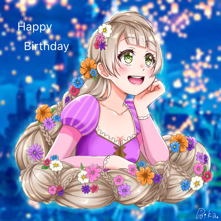 10s 1girl absurdly_long_hair alternate_eye_color alternate_hairstyle birthday braid braided_ponytail castle cosplay disney dress english_text female_focus flower green_eyes grey_hair lantern long_hair love_live! love_live!_school_idol_project minami_kotori rapunzel_(disney) rapunzel_(disney)_(cosplay) runi_(87025) signature solo tangled upper_body very_long_hair