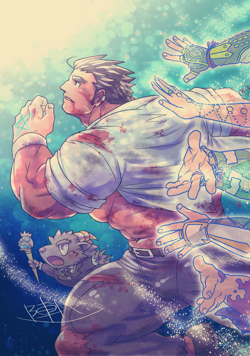 1boy bara highres large_pectorals male_focus muscular muscular_male nipples pectorals protagonist_1_(housamo) protagonist_2_(housamo) protagonist_3_(housamo) protagonist_4_(housamo) protagonist_5_(housamo) short_hair smile tokyo_houkago_summoners zinpati