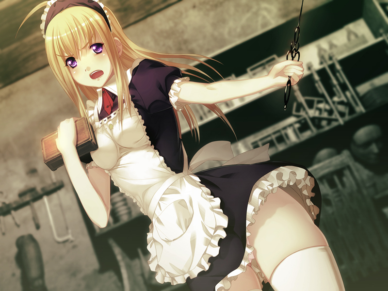 1girl ahoge anna_(gekkou_no_carnevale) apron black_shirt black_skirt blonde_hair blurry blurry_background blush breasts floating_hair frilled_sleeves frills game_cg gekkou_no_carnevale hair_between_eyes holding layered_skirt long_hair maid maid_headdress medium_breasts miniskirt oosaki_shin&#039;ya open_mouth purple_eyes shirt short_sleeves skindentation skirt solo thighhighs very_long_hair white_apron white_thighhighs