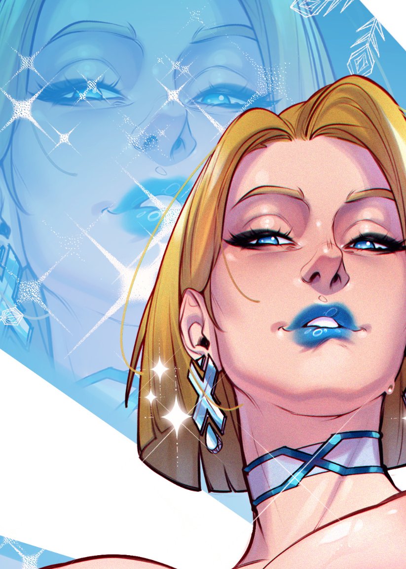 1girl blonde_hair blue_eyes blue_lips choker earrings emma_frost jewelry marvel marvel_rivals portrait short_hair sparkle valentina_tavolilla zoom_layer