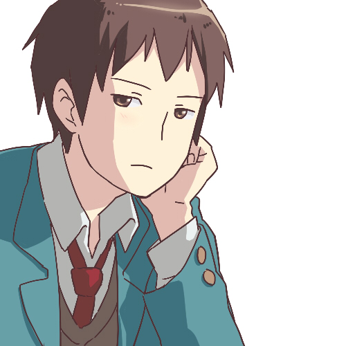 1boy a-ka blazer brown_eyes brown_hair buttons closed_mouth collared_shirt commentary green_jacket hand_on_own_face jacket kita_high_school_uniform kyon looking_at_viewer lowres necktie red_necktie school_uniform shirt short_hair simple_background solo suzumiya_haruhi_no_yuuutsu upper_body white_background white_shirt