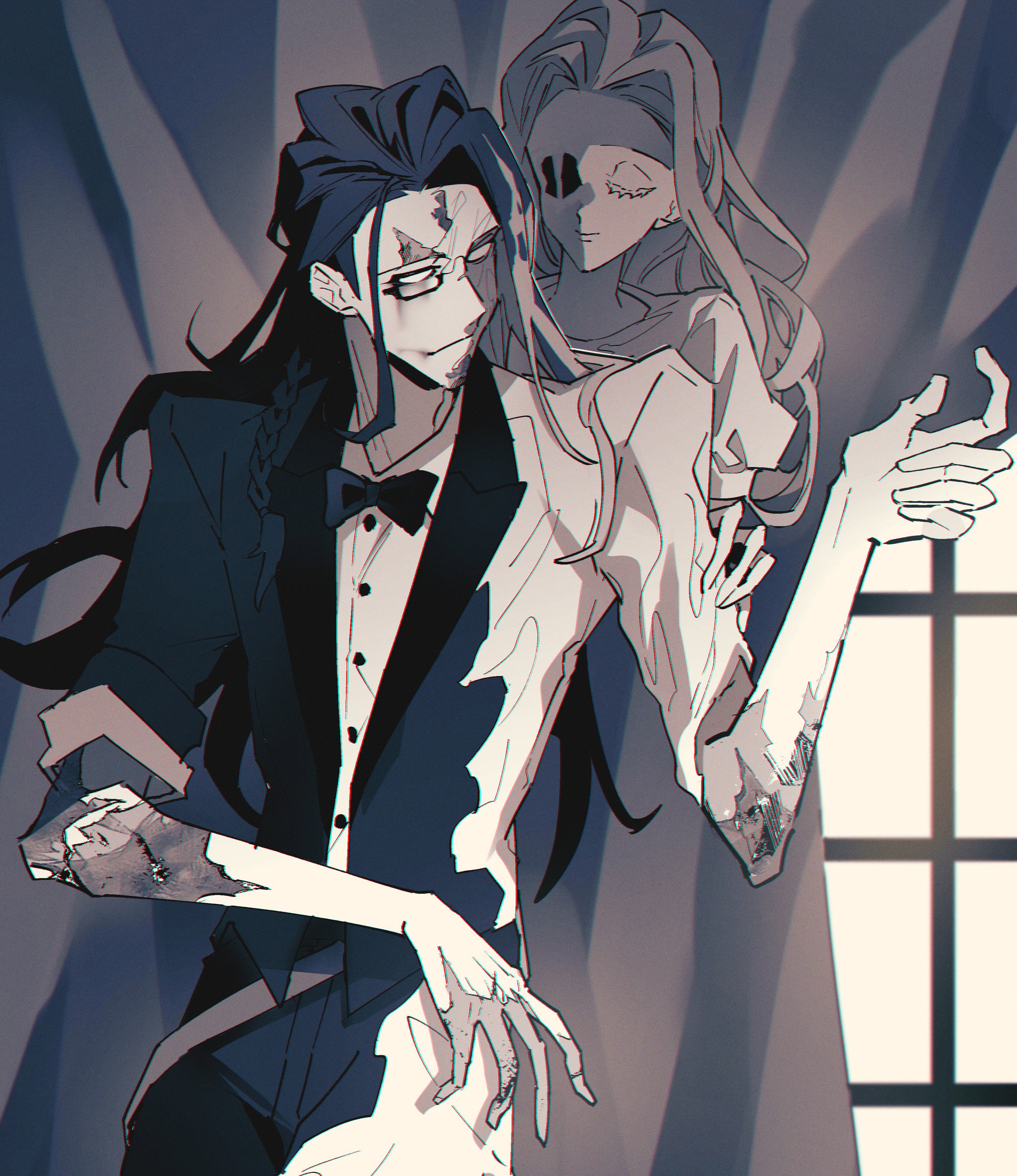 1boy 1girl absurdres blank_eyes bow bowtie brother_and_sister burn_scar christina_(identity_v) closed_eyes closed_mouth collared_shirt cowboy_shot curtains disembodied_torso dress_shirt greyscale hair_behind_ear hand_on_another's_arm hand_up highres hiroi hollow_eyes identity_v jacket lapels long_hair looking_at_another looking_to_the_side monochrome monocle official_alternate_costume open_clothes open_jacket pants parted_bangs philippe_(identity_v) puffy_short_sleeves puffy_sleeves scar shawl_lapels shirt short_sleeves siblings sleeves_rolled_up suit_jacket wax window