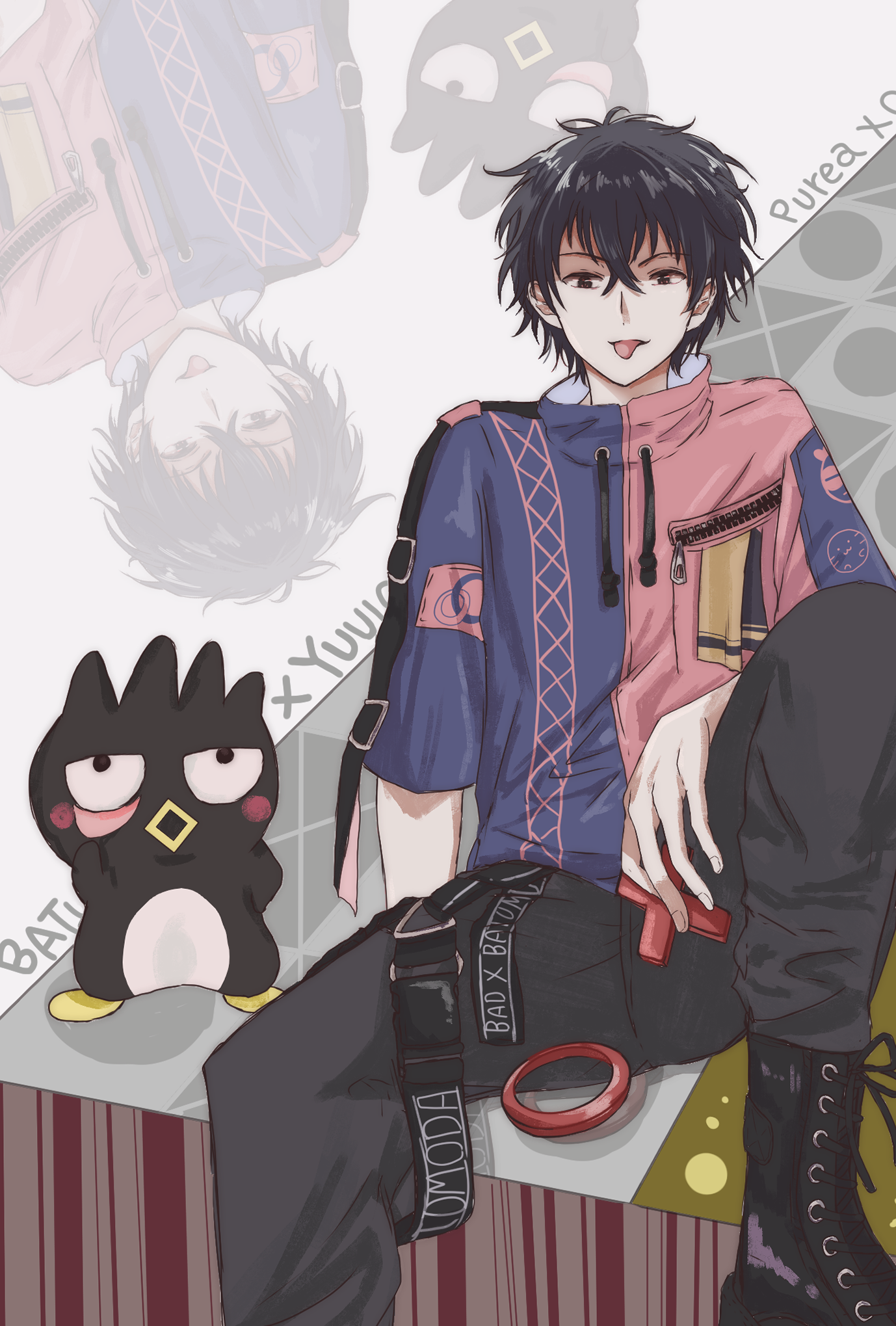 1boy badtz-maru belt bird black_boots black_eyes black_hair black_pants blush boots d4u4a-vvvats jacket katagiri_yuuichi long_hair looking_at_viewer multicolored_jacket open_mouth pants penguin pink_jacket purple_jacket sanrio tomodachi_game tongue tongue_out two-tone_jacket white_background
