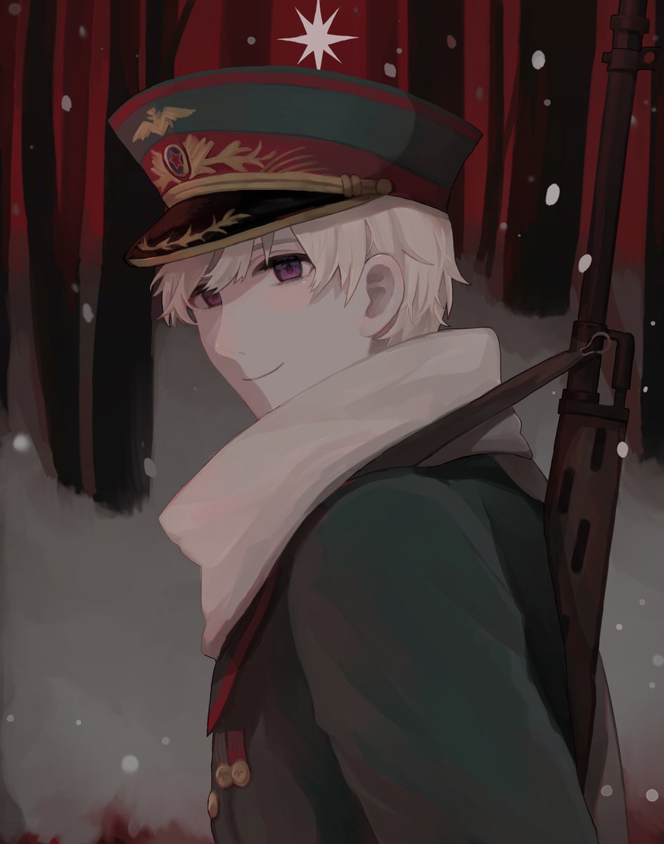 1boy axis_powers_hetalia blood blood_on_ground closed_mouth commentary_request dragunov_svd forest from_side green_hat green_jacket gun hat highres himoon666 jacket long_sleeves looking_at_viewer male_focus medal military_hat military_jacket military_uniform nature night outdoors purple_eyes red_sky rifle russia_(hetalia) scarf short_hair sky smile sniper_rifle snow snowing solo star_(symbol) tree weapon weapon_on_back white_hair white_scarf winter