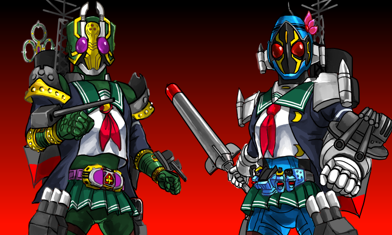 2boys armor cannon cosplay crossover hair_ornament holding holding_sword holding_weapon kamen_rider kamen_rider_blade_(series) kamen_rider_fourze kamen_rider_fourze_(series) kamen_rider_leangle kantai_collection kisaragi_(kancolle) kisaragi_(kancolle)_(cosplay) long_hair machinery mask multiple_boys mutsuki_(kancolle) mutsuki_(kancolle)_(cosplay) name_connection neckerchief nishinishi_(nagareboshi) remodel_(kantai_collection) rider_belt school_uniform serafuku ship_turret skirt sword torpedo weapon