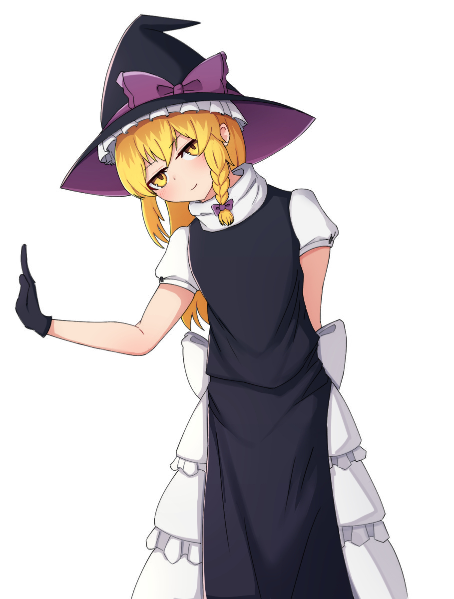 1girl 3520a076 black_gloves black_hat black_vest blonde_hair blush bow braid closed_mouth colorized cookie_(touhou) cowboy_shot frilled_hat frills gloves hair_bow hat head_tilt highres kirisame_marisa long_hair looking_at_viewer purple_bow pzc4fig8i47326 rei_(cookie) shirt side_braid simple_background single_braid smile solo touhou turtleneck turtleneck_shirt vest white_background white_shirt witch_hat yellow_eyes