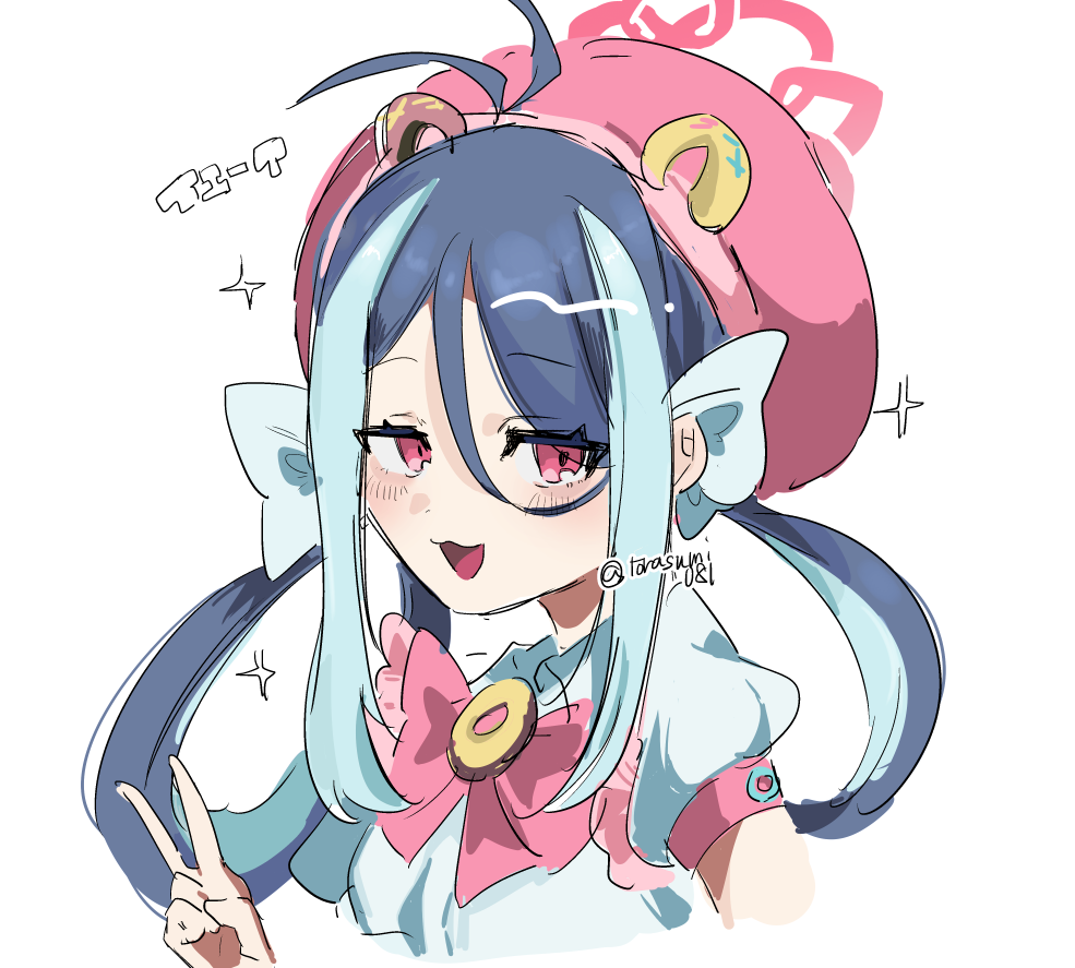 1girl antenna_hair blue_archive blue_hair commentary_request donut food food-themed_clothes food-themed_hat fubuki_(blue_archive) fubuki_(idol)_(blue_archive) halo hat idol idol_clothes looking_at_viewer multicolored_hair official_alternate_costume open_mouth pink_hair pink_halo pink_hat puffy_short_sleeves puffy_sleeves purple_eyes short_sleeves sidelocks simple_background solo sparkle translation_request twitter_username v white_background zuki_ko_(mmzko777)
