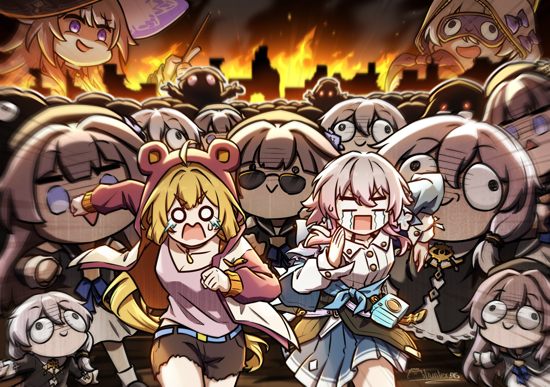 6+girls ahoge animal_hood artist_name bear_hood beret black_shirt blonde_hair blue_skirt breasts brown_hair camera cleavage commentary crying english_commentary fire hat herta_(honkai:_star_rail) highres holding holding_wand honkai:_star_rail honkai_(series) honkai_impact_3rd hood march_7th_(honkai:_star_rail) march_7th_(preservation)_(honkai:_star_rail) medium_hair meme mhunter_45 multiple_girls pink_hair pink_shirt pleated_skirt purple_eyes running shirt short_shorts shorts skirt sleep_mask streaming_tears susannah_manatt tears teri_derp_(meme) the_herta_(honkai:_star_rail) theresa_apocalypse theresa_apocalypse_(schicksal's_imperative) theresa_apocalypse_(valkyrie_pledge) wand white_shirt