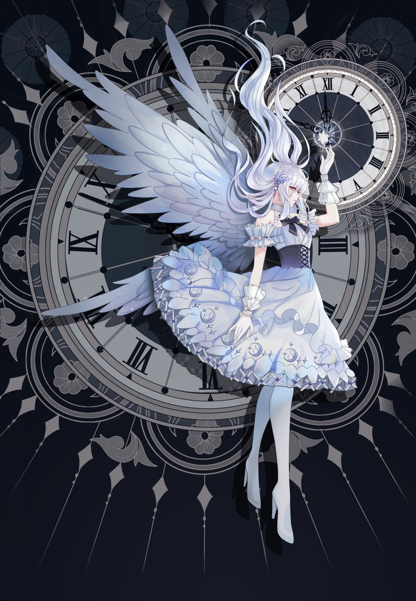 1girl angel_wings bare_shoulders black_background black_bow black_bowtie black_corset boots bow bowtie chinese_commentary choker clock commentary_request corset crescent_print detached_sleeves dress earrings feathered_wings floating_hair flower frilled_dress frilled_gloves frilled_sleeves frills full_body gloves grey_choker grey_wrist_cuffs hair_flower hair_ornament half-closed_eyes high_heel_boots high_heels jewelry long_hair looking_at_viewer medium_dress multiple_wings original outstretched_arm purple_flower shan_gui_yu_yao short_sleeves sleeveless sleeveless_dress solo star_bit thigh_boots white_boots white_dress white_gloves white_hair white_sleeves white_wings wings wisteria wrist_cuffs yellow_eyes