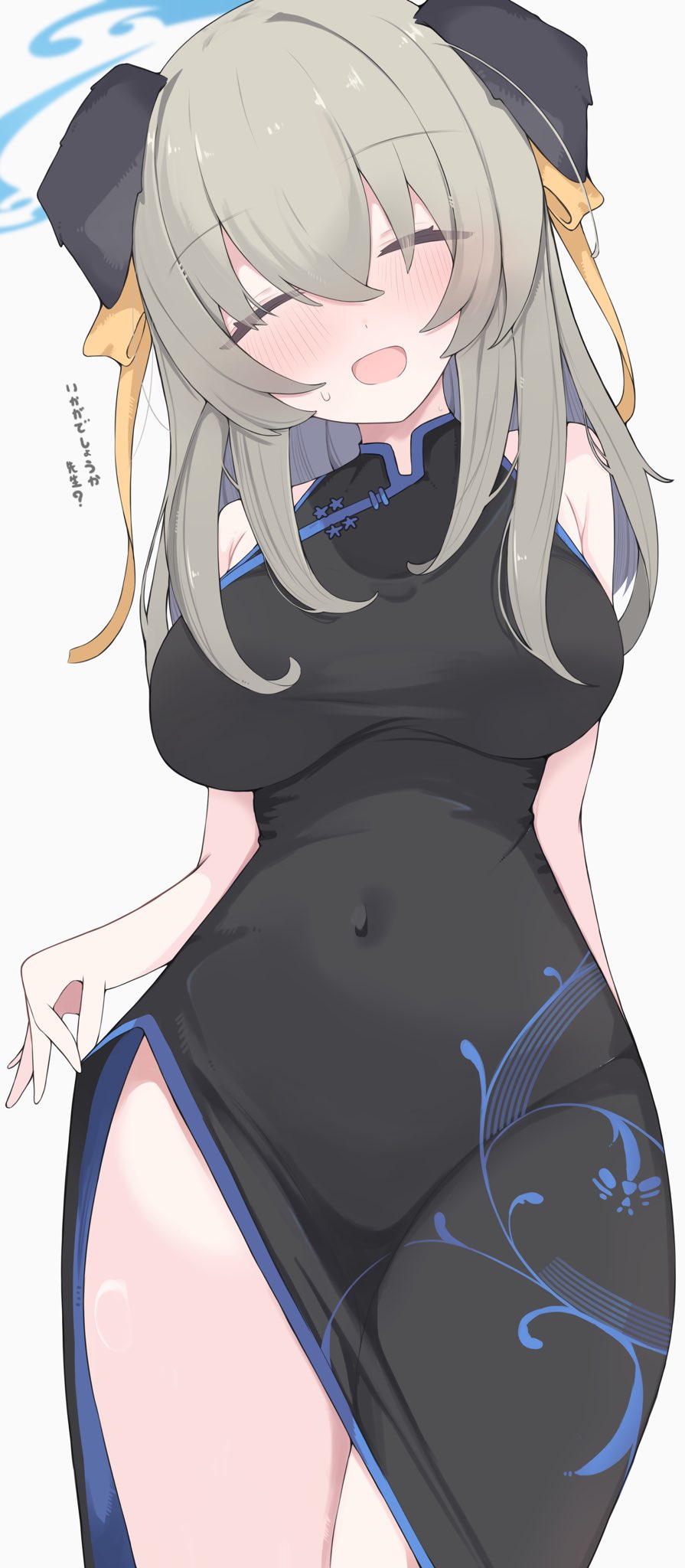 1girl animal_ears blue_archive breasts china_dress chinese_clothes closed_eyes clothes_pull covered_navel dog_ears dog_girl dress dress_pull facing_viewer grey_hair hair_ribbon halo highres large_breasts nui_(nuinui0300) ribbon simple_background thighs tight_clothes translation_request umika_(blue_archive) white_background writing