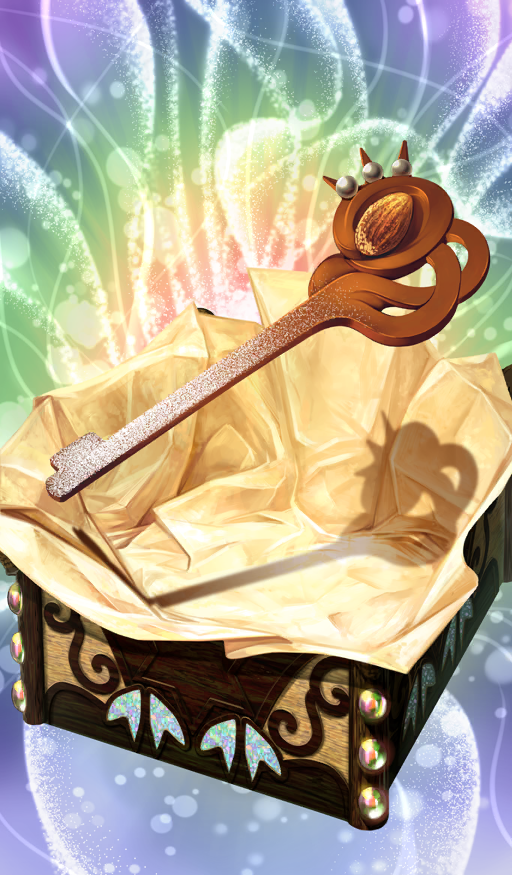 almond box chocolate commentary fate/grand_order fate_(series) floating food food_art food_focus gradient_background han&#039;ei_no_chocolate_gardens_of_valentine hayosena key light_particles light_trail no_humans official_art open_box powdered_sugar radial_gradient_background sparkle sparkle_background still_life third-party_source