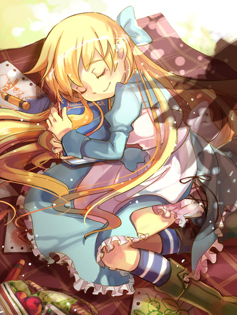 1girl alice&#039;s_adventures_in_wonderland alice_(alice_in_wonderland) apple apron basket bloom bloomers blue_bow blue_dress blue_socks book bow brown_shoes bug closed_eyes closed_mouth crayon dress food frilled_bloomers frilled_dress frills fruit grasshopper holding holding_book insect mao_xiaozha_(rumiechen) mole mole_under_eye outdoors paper picnic_blanket shadow shoes sleeping smile socks solo striped_clothes striped_socks two-tone_socks underwear white_apron white_bloomers white_socks