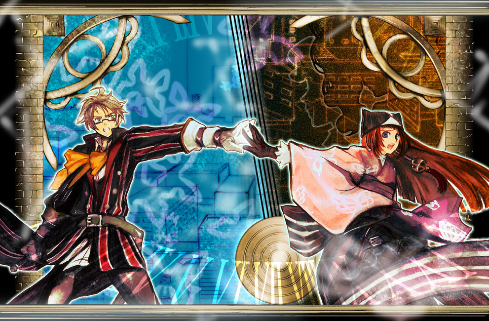 1boy 1girl bad_id bad_pixiv_id card doraeshi gloves hat kurogami_sigma long_hair neon sigma_harmonics square_enix tsukiyumi_neon