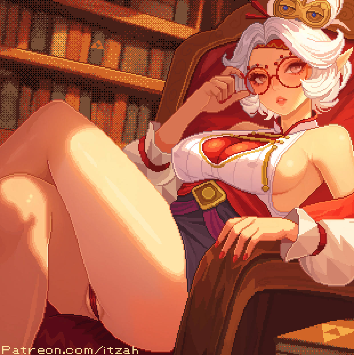 1girl adjusting_eyewear bare_shoulders black_skirt bookshelf breasts cleavage_cutout clothing_cutout crossed_legs dithering eyeshadow eyewear_on_head glasses hair_ornament hair_stick highres indoors itzah large_breasts looking_at_viewer makeup nail_polish nintendo panties partially_visible_vulva pixel_art purah red-framed_eyewear red_eyes red_eyeshadow red_nails red_panties round_eyewear sheikah shirt short_hair sitting skirt sleeveless sleeveless_shirt solo the_legend_of_zelda the_legend_of_zelda:_tears_of_the_kingdom thighs underwear white_hair white_shirt