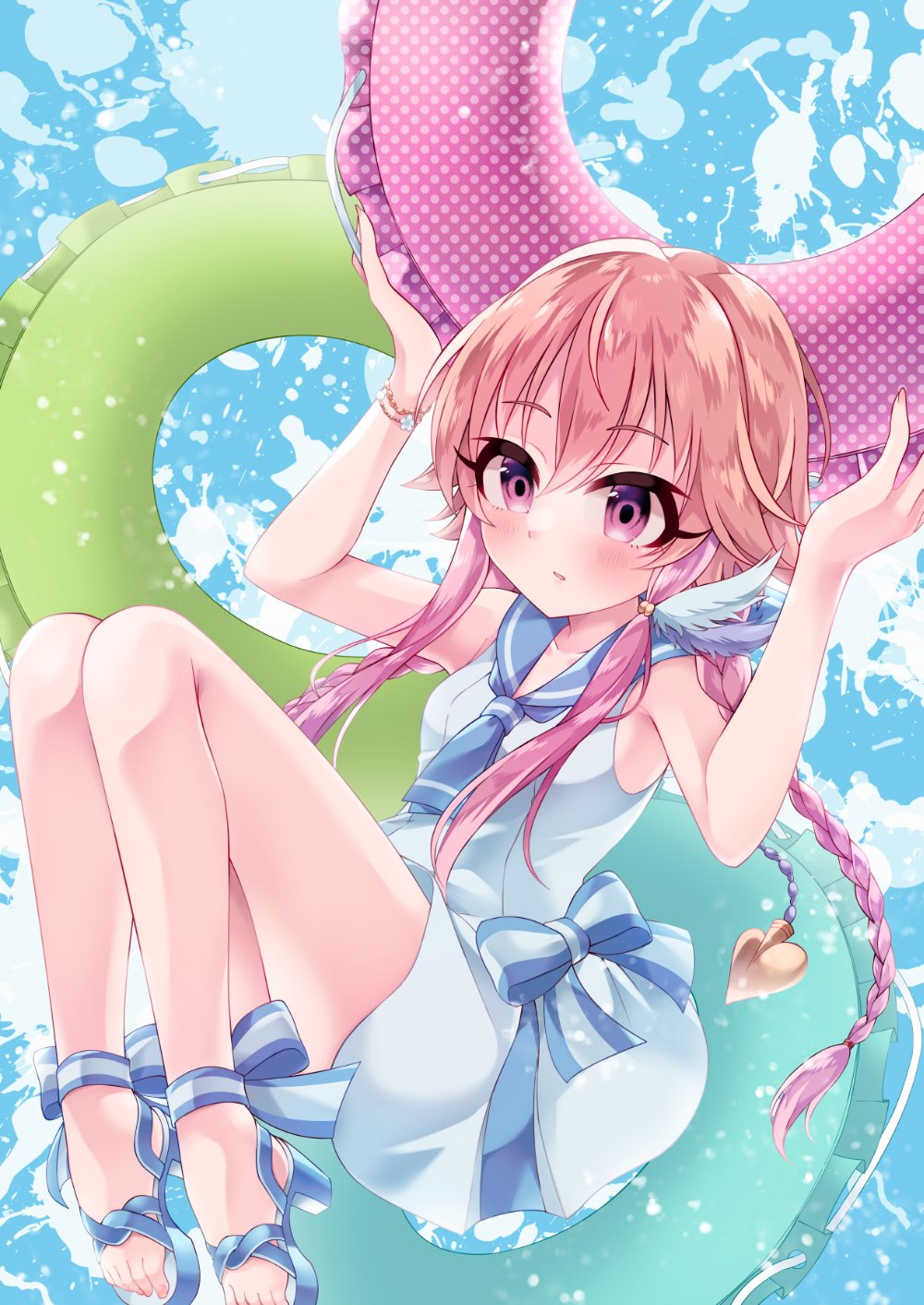 1girl arms_up blue_background blue_bow blue_innertube blue_neckerchief blue_sailor_collar blue_sandals blush bow bracelet breasts comiket_104 commentary_request feather_hair_ornament feathers green_innertube hair_between_eyes hair_flaps hair_ornament highres holding holding_swim_ring idolmaster idolmaster_cinderella_girls innertube jewelry light_brown_hair long_hair multicolored_hair neckerchief ninomiya_asuka one-piece_swimsuit parted_lips pink_hair pink_innertube polka_dot purple_eyes sailor_collar sailor_swimsuit_(idolmaster) sandals sidelocks small_breasts solo striped_bow swim_ring swimsuit two-tone_hair white_one-piece_swimsuit zy_jomi
