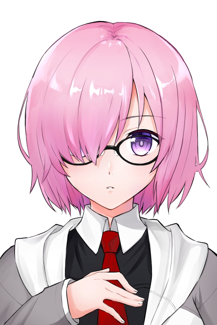 1girl black-framed_eyewear commentary_request fate/grand_order fate_(series) glasses grey_jacket hair_over_one_eye hood hooded_jacket jacket mash_kyrielight medium_hair necktie pink_hair portrait purple_eyes red_necktie sleeves_past_wrists solo torinonest