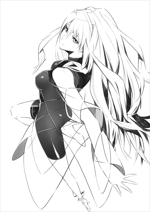 1girl ass bare_shoulders breasts cendrillon_(toaru_majutsu_no_index) closed_mouth commentary_request dress full_body gajuumaru greyscale hair_between_eyes high_heels light_smile long_hair looking_at_viewer medium_breasts monochrome perspective see-through_clothes see-through_dress shiny_clothes simple_background solo toaru_majutsu_no_index toaru_majutsu_no_index:_new_testament very_long_hair white_background