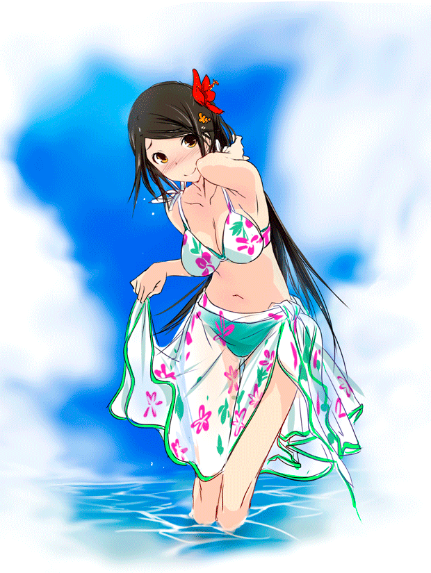 1girl bikini blush breasts brown_hair cleavage clothes_lift cloud day female_focus flower hair_flower hair_ornament hazakura_seiso hibiscus kawagishi_keitarou large_breasts long_hair maji_de_watashi_ni_koi_shinasai! navel non-web_source ocean sarong sarong_lift see-through_clothes skirt sky solo swimsuit thigh_gap very_long_hair wading water yellow_eyes
