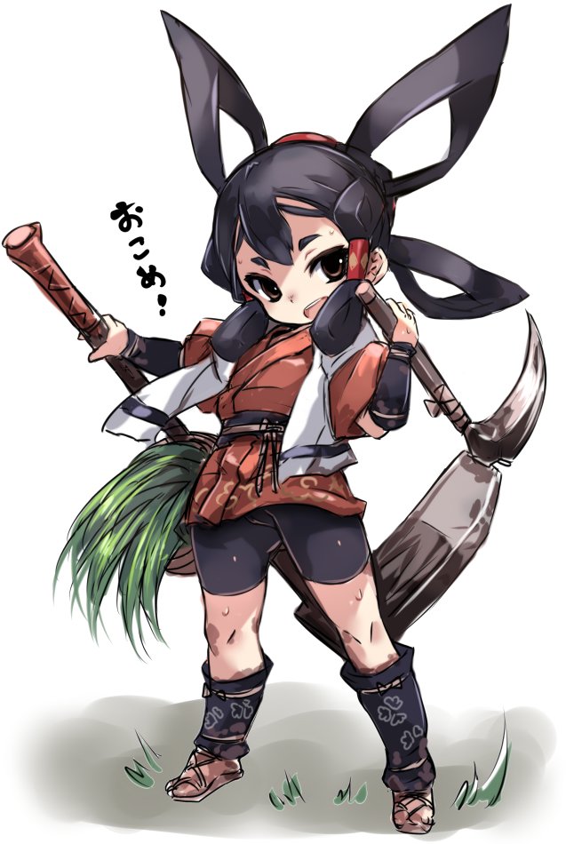 1girl bike_shorts black_eyes black_hair commentary_request full_body grass hair_ornament hair_rings hair_tubes hoe japanese_clothes karukan_(monjya) long_hair open_mouth sakuna-hime short_eyebrows sickle simple_background solo standing sweat tensui_no_sakuna-hime towel towel_around_neck