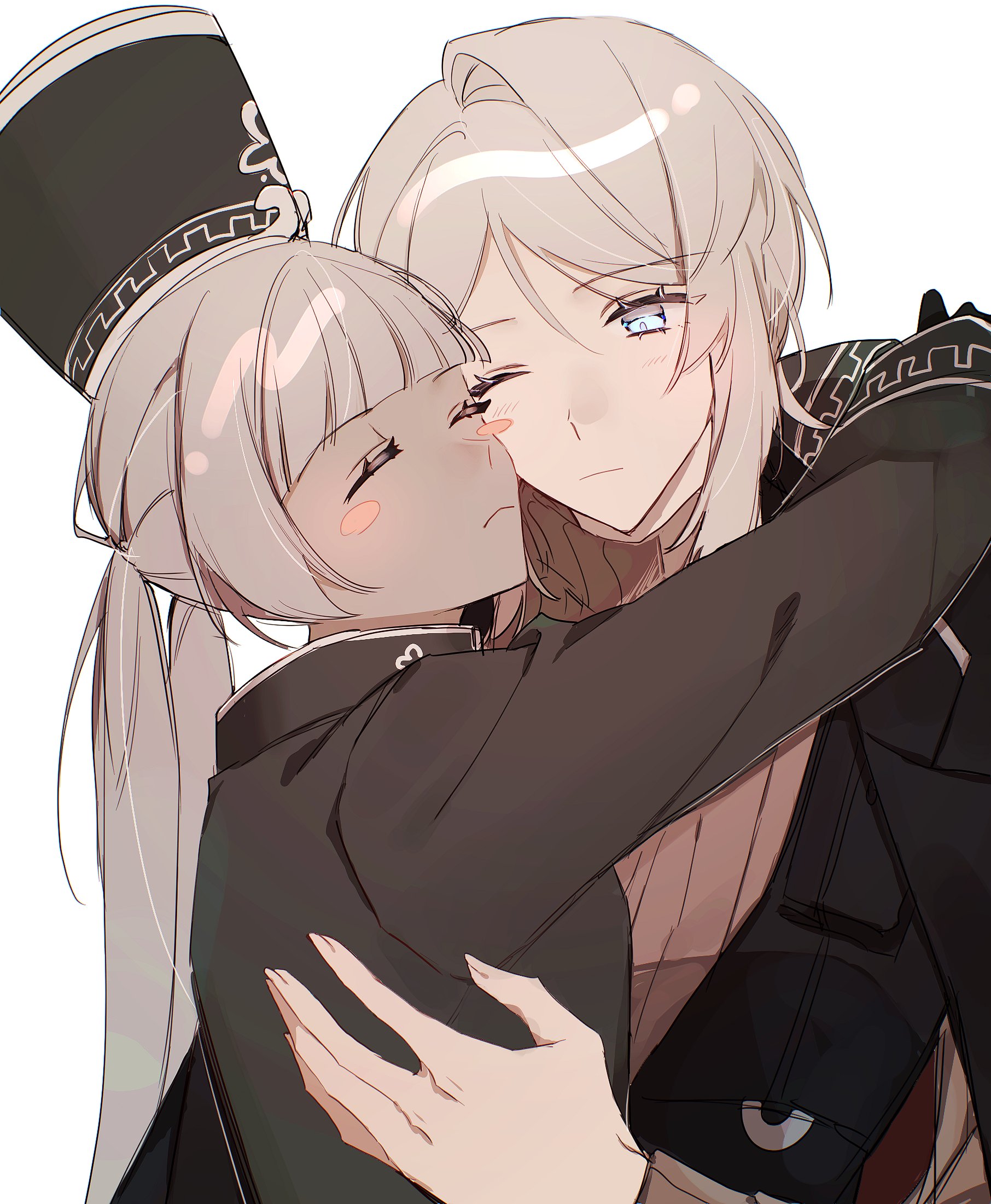 2girls aojiru_oisiiiii black_hat black_jacket blue_eyes charon_(project_moon) closed_eyes faust_(project_moon) grey_hair hat highres hug jacket limbus_company long_sleeves multiple_girls one_eye_closed project_moon simple_background twintails upper_body white_background
